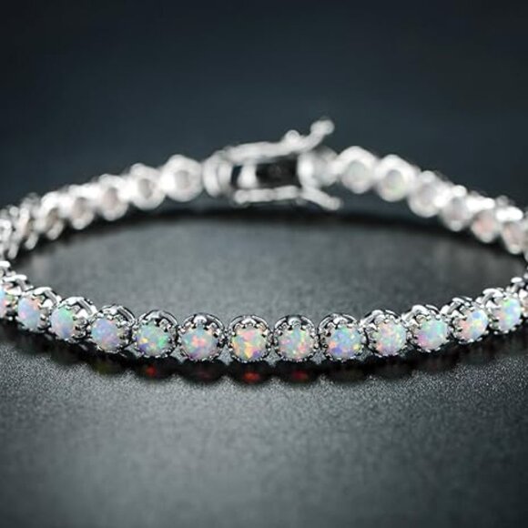Neiman Marcus 18K White Gold Plated Crown Created Opal Tennis Bracelet - Picture 5 of 6